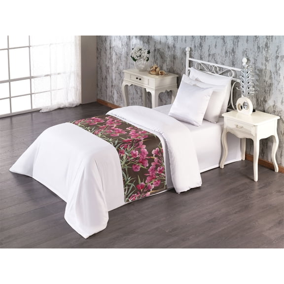 Tropical Bed Runner, Leaves with Pinkish Flowers Watercolor Style Vintage Ornament, Decorative Accent Bedding Scarf for Hotels Homes & Guest Rooms, Twin, Mauve Taupe and Olive Green, by Ambesonne