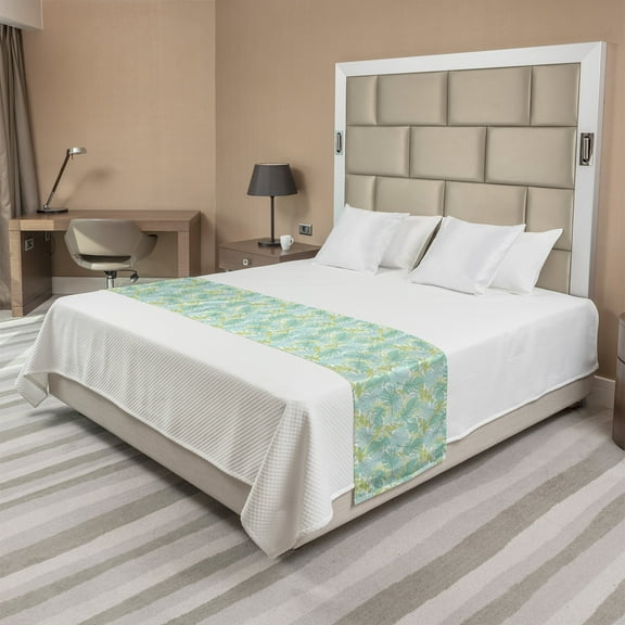 Tropical Bed Runner, Monstera Coconut Palm Leaves in Soft Tones Paradise Forest Jungle Botany, Decorative Accent Bedding Scarf for Hotels Homes and Guestrooms, King, Pale Blue and Khaki, by Ambesonne