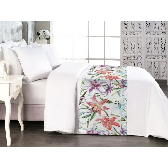 Tropical Bed Runner, Multicolored Lilies with Leaves Watercolor Exotic Art on Plain Back, Decorative Accent Bedding Scarf for Hotels Homes & Guest Rooms, King, Dark Salmon Olive Green, by Ambesonne