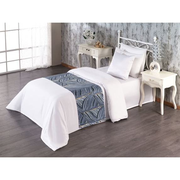 Tropical Bed Runner, Oversimplified Abstract Palm Leaves Pattern Retro Botanical Art, Decorative Accent Bedding Scarf for Hotels Homes & Guest Rooms, Twin, Dark Ceil Blue and Marigold, by Ambesonne