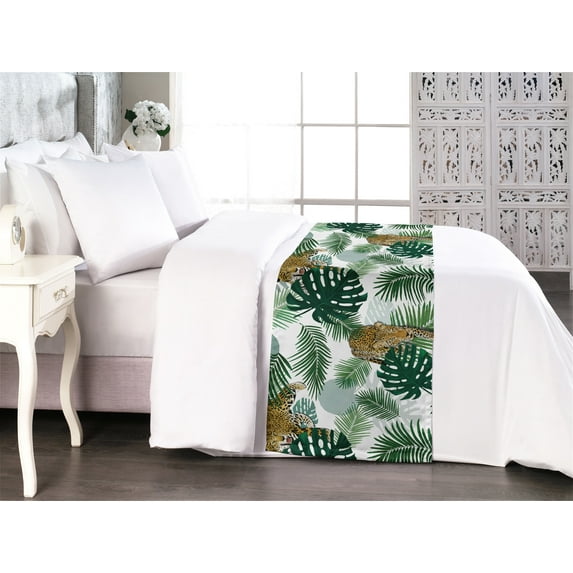 Tropical Bed Runner, Repetitive Exotic Leaves with Jaguars Cartoon Art on Plain Back, Decorative Accent Bedding Scarf for Hotels Homes & Guest Rooms, Queen, Dark Green and Pale Coffee, by Ambesonne