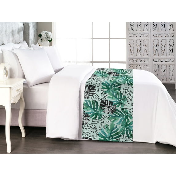 Tropical Bed Runner, Repetitive Pattern of Hand-Drawn Monstera Leaves Abstract Silhouette, Decorative Accent Bedding Scarf for Hotels Homes & Guest Rooms, King, Pale Petrol Blue Grey, by Ambesonne