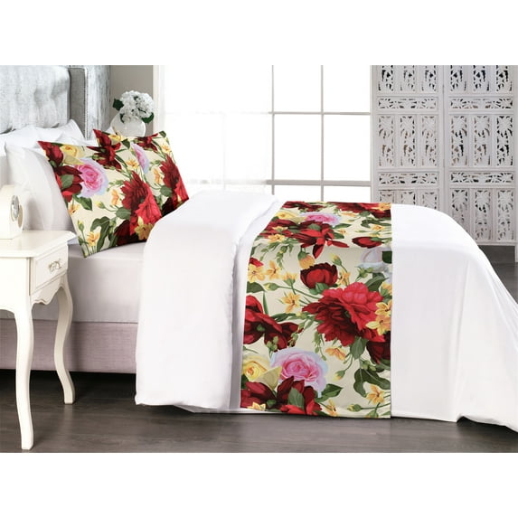 Tropical Bed Runner Set, Colorful Abstract Rose Flowers with Leaves Repetitive Vintage Art, Decorative Bedding Scarf & 2 Pillow Shams for Hotels Homes, Queen, Dark Pink and Pastel Yellow, by Ambesonne
