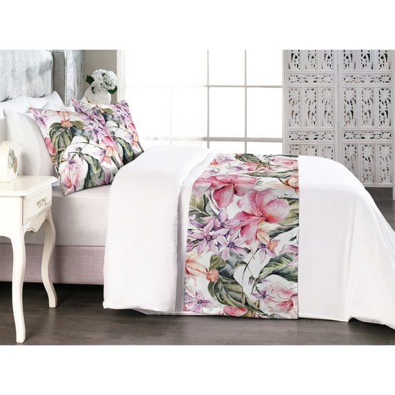 Tropical Bed Runner Set, Flora Art Featuring Exotic Leaves and Flowers Pattern on Plain Back, Decorative Bedding Scarf & 2 Pillow Shams for Hotels Homes, Queen, Dark Coral Fawn and Sepia, by Ambesonne