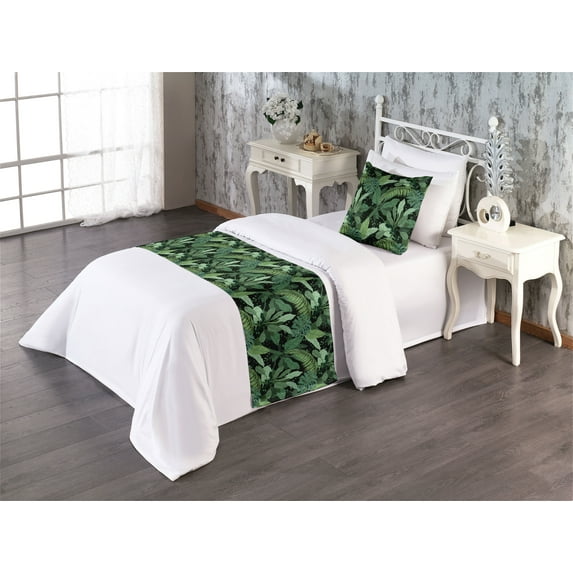 Tropical Bed Runner Set, Nature Theme Digital Illustrated Exotic Leaves Sketches on Darkened Backdrop, Decorative Bedding Scarf & a Pillow Sham for Hotels Homes, Twin, Fern Green Black, by Ambesonne