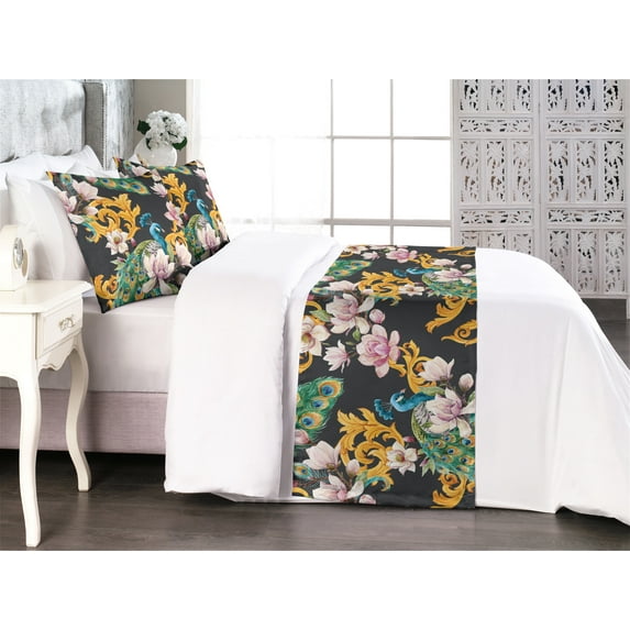Tropical Bed Runner Set, Peacock Bird with Exotic Leaves Flowers Retro Style Illustration, Decorative Bedding Scarf & 2 Pillow Shams for Hotels Homes, King, Earth Yellow and Jade Green, by Ambesonne