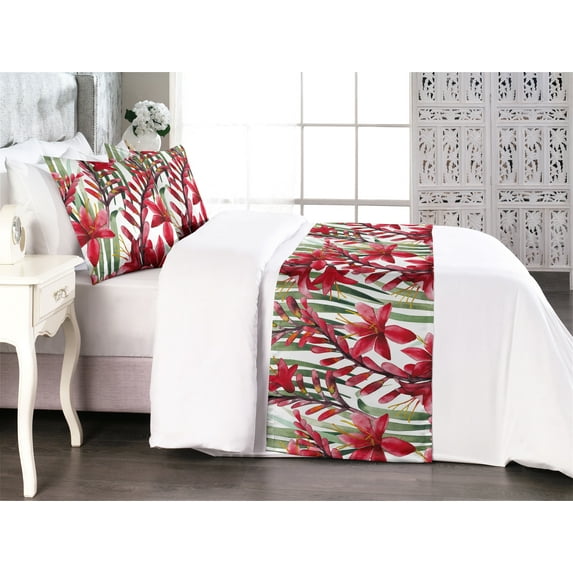 Tropical Bed Runner Set, Red-Colored Flowers Vertical Leaves Watercolor Art on Plain Back, Decorative Bedding Scarf & 2 Pillow Shams for Hotels Homes, Queen, Dark Coral and Peacock Green, by Ambesonne