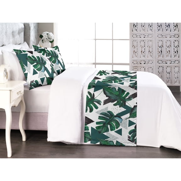 Tropical Bed Runner Set, Triangles with Monstera Leaves Geometric Exotic Art on Plain Back, Decorative Bedding Scarf & 2 Pillow Shams for Hotels Homes, Queen, Laurel Green and Dark Grey, by Ambesonne