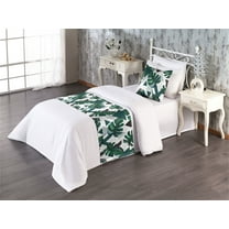 Tropical Bed Runner Set, Triangles with Monstera Leaves Geometric Exotic Art on Plain Back, Decorative Bedding Scarf & a Pillow Sham for Hotels Homes, Twin, Laurel Green and Dark Grey, by Ambesonne