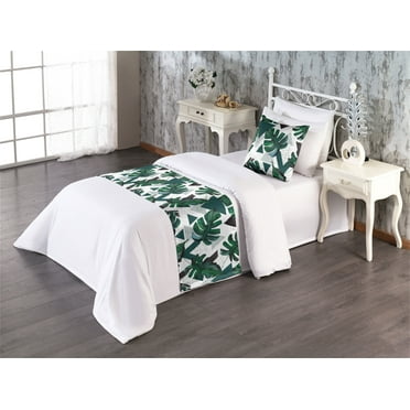 Tropical Bed Runner Set, Triangles with Monstera Leaves Geometric Exotic Art on Plain Back, Decorative Bedding Scarf & a Pillow Sham for Hotels Homes, Twin, Laurel Green and Dark Grey, by Ambesonne