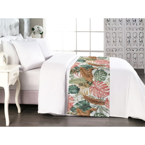 Tropical Bed Runner, Watercolor Style Monstera Palm Banana Leaves Plain Back Fashion Art, Decorative Accent Bedding Scarf for Hotels Homes & Guest Rooms, Queen, Blush Coral and Caramel, by Ambesonne