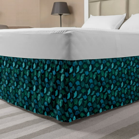 Tropical Bed Skirt, Aqua Color Line Art Exotic Ginkgo Leaves Repeating Pattern, Elastic Bedskirt Dust Ruffle Wrap Around for Bedding Decor, 4 Sizes, Turquoise Dark Teal, by Ambesonne