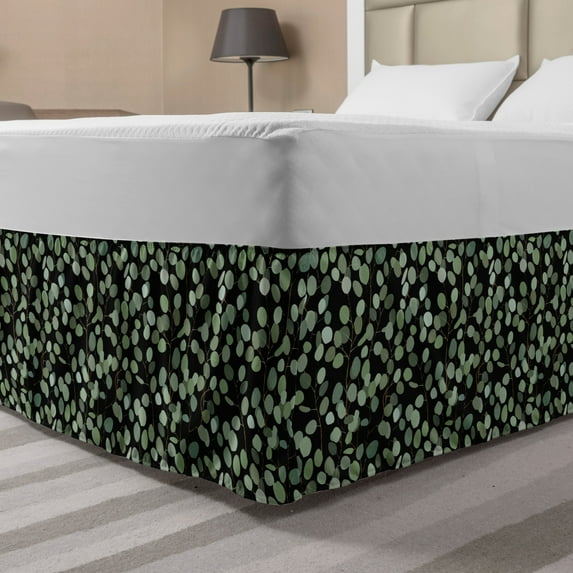 Tropical Bed Skirt, Exotic Foliage Hand Drawn Floral Baby Eucalyptus Branches Hawaii Flora, Elastic Bedskirt Dust Ruffle Wrap Around for Bedding Decor, 4 Sizes, Sage Green and Black, by Ambesonne