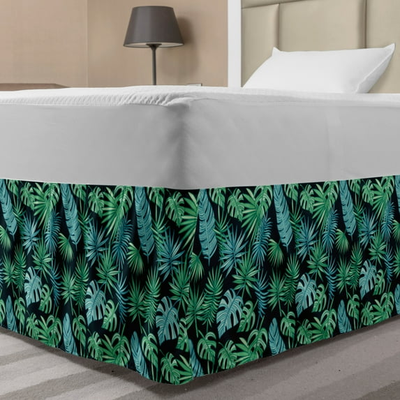 Tropical Bed Skirt, Exotic Leaves Hawaiian Plantation, Elastic Bedskirt Dust Ruffle Wrap Around for Bedding Decor, 4 Sizes, Seafoam Dark Teal, by Ambesonne