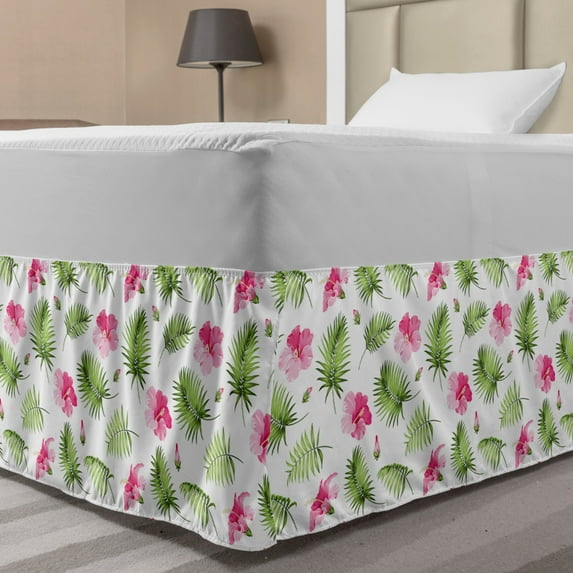 Tropical Bed Skirt, Pink Hibiscus Flowers with Green Palm Foliage Hawaiian Jungle in Summer, Elastic Bedskirt Dust Ruffle Wrap Around for Bedding Decor, 4 Sizes, Green Pink and White, by Ambesonne