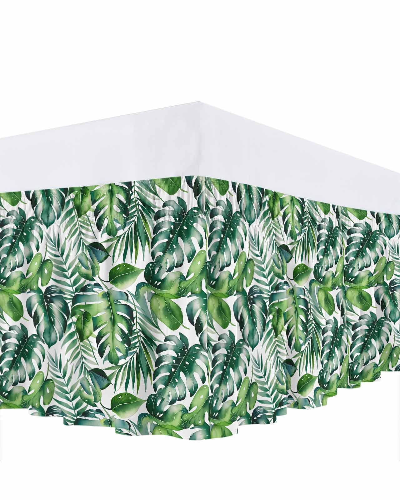 Tropical Bed Skirt Queen Size, Green Palm Leaf Summer Plant Wrap Around Bed Skirting with Adjustable Elastic Strap, Dust Ruffle Pleated Bedskirts 18 Inch Drop for Bedroom Queen Beds