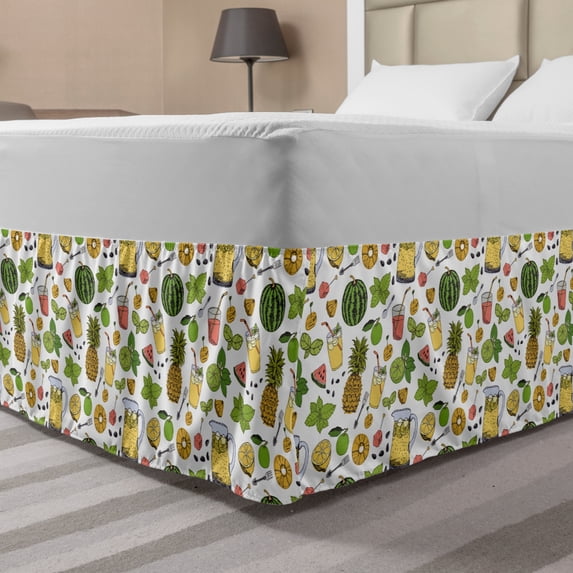 Tropical Bed Skirt, Summer Holiday Pattern with Fruits and Cocktails Refreshments Juice and Drinks, Elastic Bedskirt Dust Ruffle Wrap Around for Bedding Decor, 4 Sizes, Multicolor, by Ambesonne