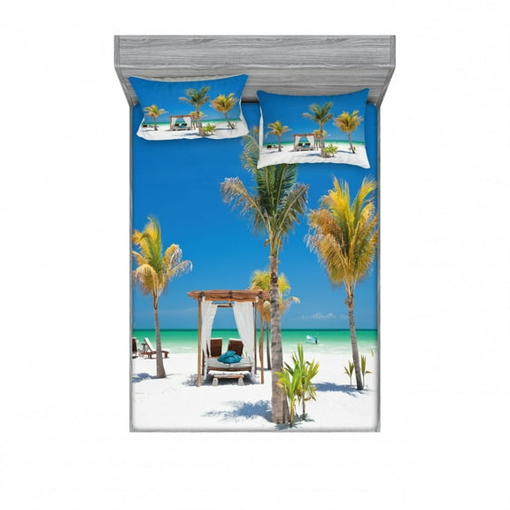 Tropical Bedding Set with Sheet & Covers, Beach Beds Among Palm Trees Paradise Coast Holiday Summer Ocean Sunbathing Picture, Printed Bedroom Decor 2 Shams, 4 Sizes, Multicolor, by Ambesonne