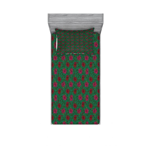 Tropical Bedding Set with Sheet & Covers, Blossoming Exotic Hibiscus Flowers on Green Backdrop with Hawaiian Foliage Leaves, Printed Bedroom Decor 2 Shams, 4 Sizes, Multicolor, by Ambesonne