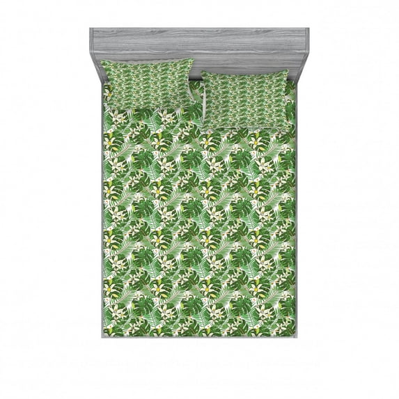 Tropical Bedding Set with Sheet & Covers, Composition of Flowers and Fern Leaves Exotic Hawaiian Foliage Digital Design, Printed Bedroom Decor 2 Shams, 4 Sizes, Multicolor, by Ambesonne