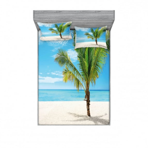 Tropical Bedding Set with Sheet & Covers, Exotic Beach with Palm Tree in Saona Island Sunny Summer Day Seaside Photo, Printed Bedroom Decor 2 Shams, 4 Sizes, Blue Cream Green, by Ambesonne