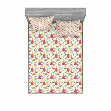 Tropical Bedding Set with Sheet & Covers, Exotic Composition with Watermelon Banana and Pomegranate on Dotted Background, Printed Bedroom Decor 2 Shams, 4 Sizes, Multicolor, by Ambesonne