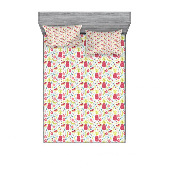 Tropical Bedding Set with Sheet & Covers, Exotic Composition with Watermelon Banana and Pomegranate on Dotted Background, Printed Bedroom Decor 2 Shams, 4 Sizes, Multicolor, by Ambesonne
