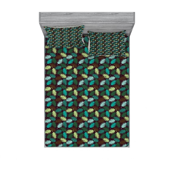 Tropical Bedding Set with Sheet & Covers, Exotic Torbay Palm Tree Leaves Silhouette Vibrant Greenery Tonal Negative Effect, Printed Bedroom Decor 2 Shams, 4 Sizes, Multicolor, by Ambesonne