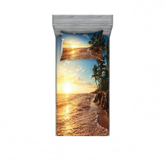 Tropical Bedding Set with Sheet & Covers, Palm Trees on Tropical Beach Sunrise Morning View Panoramic Nature Picture, Printed Bedroom Decor 2 Shams, 4 Sizes, Blue Yellow Brown, by Ambesonne