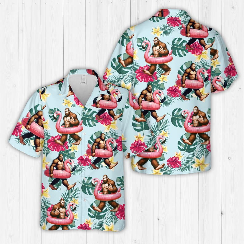 Camo Bigfoot Hibiscus Sasquatch Summer Beach Aloha Short Sleeve Button Down Hawaiian Shirt main image 0