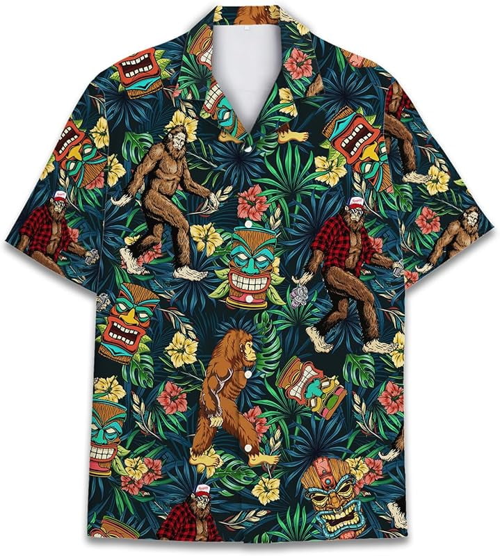 Bigfoot Hawaiian Shirt For Men - Short Sleeve Aloha Shirt With Sasquatch Print, 100% Polyester
