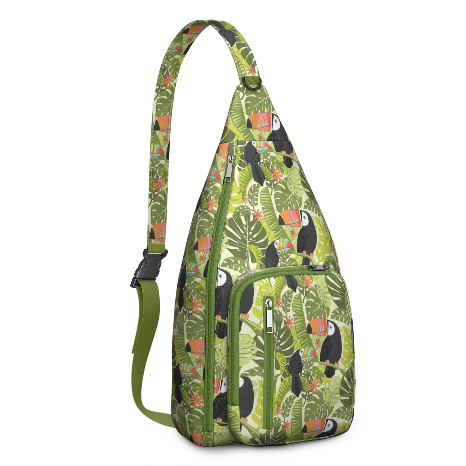 Embroidered Colorful Backpack Purse Black Sling Bird Floral Geometric, 9x11x5 Colorful Tropical Bird Sling Backpack, Floral Hummingbird  main image 2