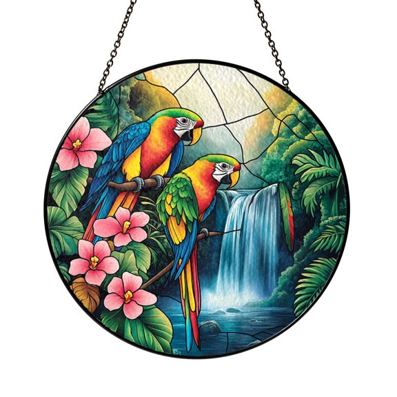 Tropical Bird Waterfall Scene Window Hanging – Stained Glass Style Art