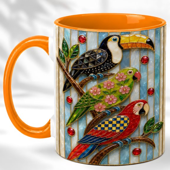 Tropical Birds Coffee Mug, Parrot Toucan Mug, Ceramic 11 oz