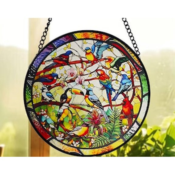 Tropical Birds Glass Suncatcher, Colorful Parrot And Toucan Window Hanging, Exotic Jungle Wall Art, Gift For Bird Lovers, Suncatcher Window Hanging, 3.5 in