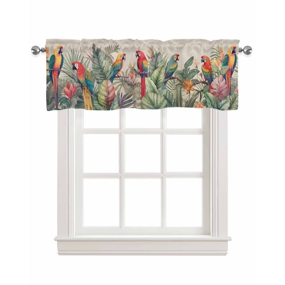Tropical Birds Linen Curtain Valance for Bedroom/Bathroom/Kitchen/Office/Living/Dining Room Windows,Rustic Green Palm Tree Leaves Animal Rod Pocket Topper Drapes Decorative Cafe Drapery Panel 42x12