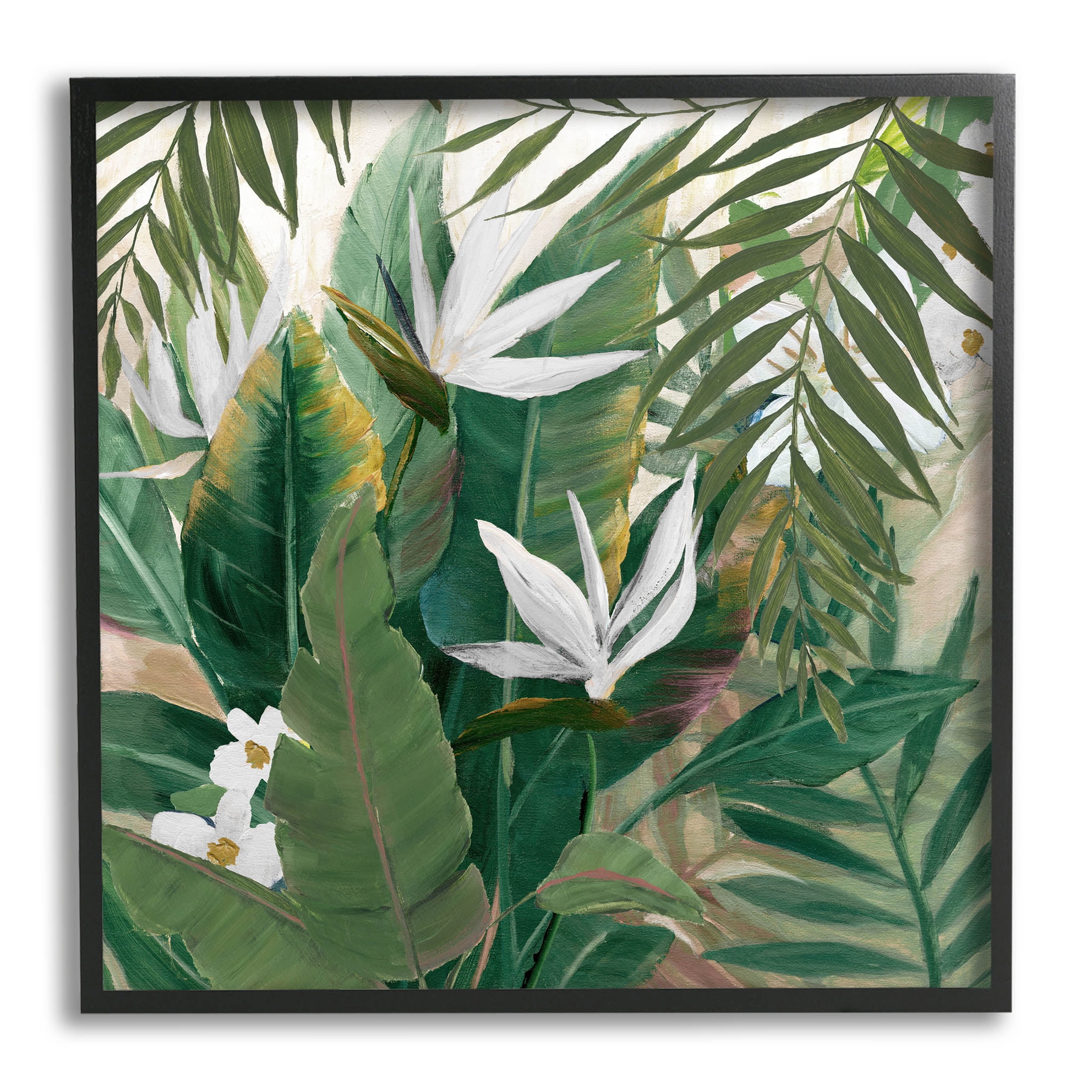 Tropical Green and White Botanical Canvas Art Print with Black Frame