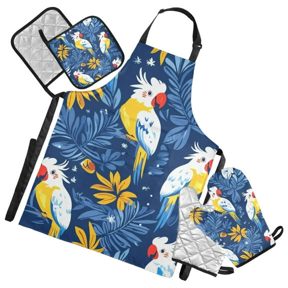 Tropical Birds Oven Mitts and Pot Holders with Chef Apron Set 5 Pcs Kitchen Cooking Set