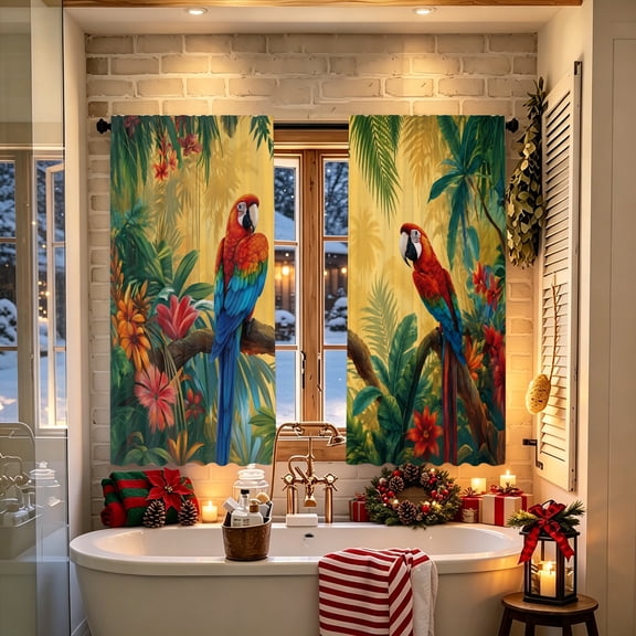 Tropical Birds Palm Tree 2D Printed Window Curtain, No Rods Included, for Indoor Dining Room Winter Home Decor