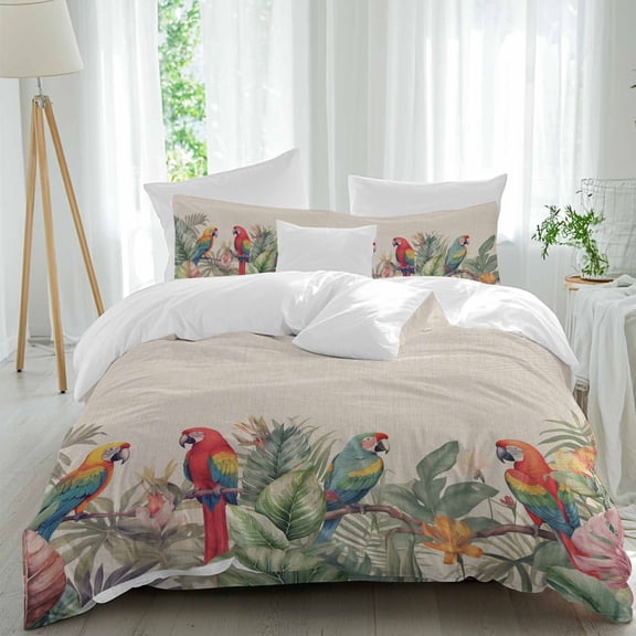 Tropical Birds Parrot on Branch Queen Size Bed Set,Green Palm Leaves on Burlap Bedding for All Seasons,4 Pcs Bed Set,1 Quiltcover(90"x92"),1 Sheet(94"x116"),2 Pillowcases(30"x20")