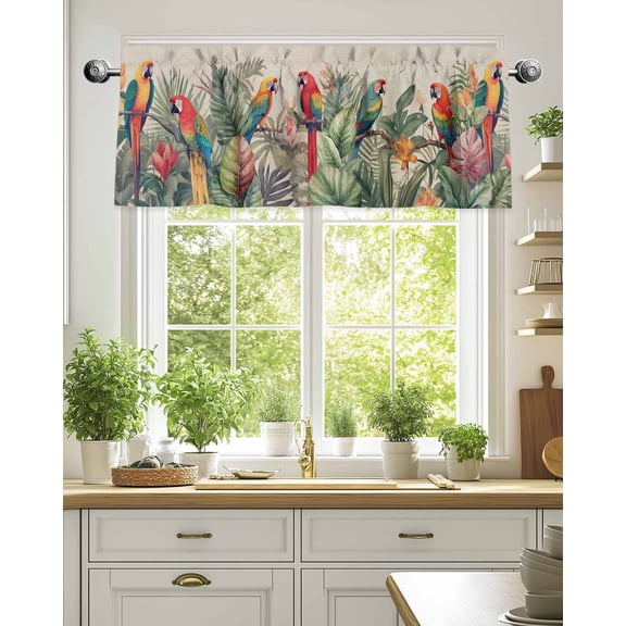 Tropical Birds Parrot on Branch Valances for Windows,Kitchen Valance Rod Pocket Short Curtain,Green Palm Leaves on Burlap Valance Curtain Window Valances for Bedroom Living Room 54x18in