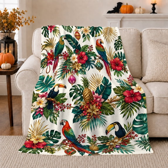 Tropical Birds with Pineapple and Hibiscus, Cheerful Coastal Style for Bird Lovers, Island Garden Motif and Housewarming Gift, Soft Flannel Blanket for Sunroom and Guest Room, Home Decor