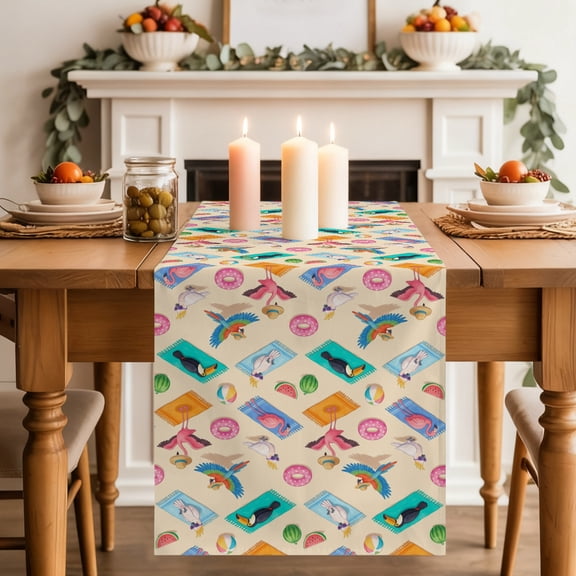 Tropical Birds Table Runner, Retro Summer Beach Sunglasses Bird Washable Cotton-linen Table Runners Dining Kitchen Decoration for Everyday Home Wedding Party Decor, 13 x 36 Inch