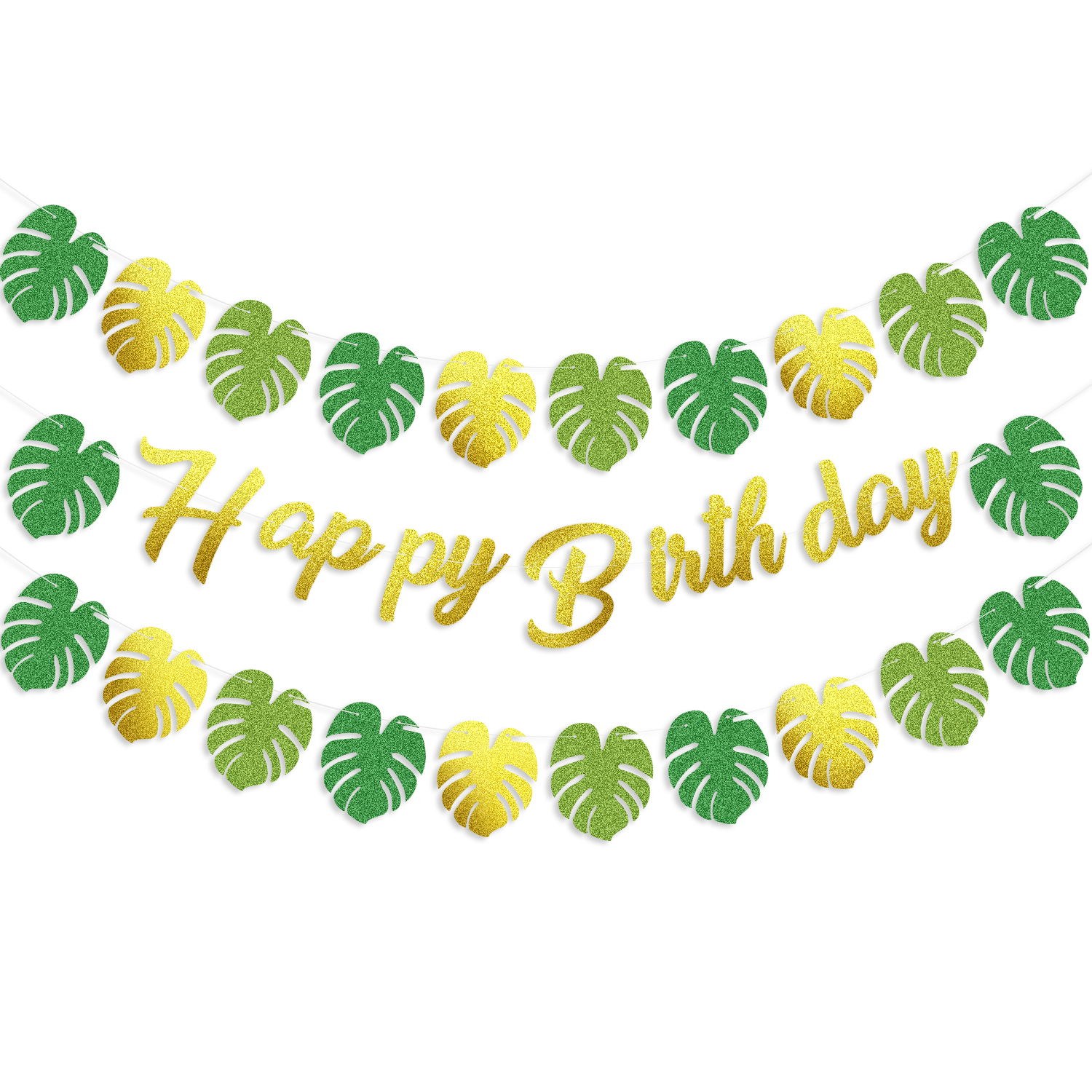 Tropical Birthday Party Decorations - 3 Set Hawaiian Happy Birthday Banners, Gold and Green Glittery Tropical Palm Leaf Garland, Summer Jungle Beach Luau Hawaiian Birthday Party Decorations - image 1 of 8