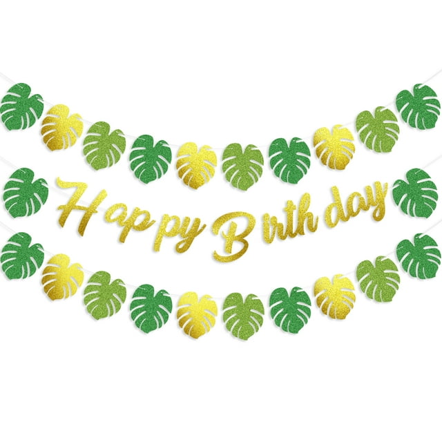 Tropical Birthday Party Decorations - 3 Set Hawaiian Happy Birthday Banners, Gold and Green Glittery Tropical Palm Leaf Garland, Summer Jungle Beach Luau Hawaiian Birthday Party Decorations