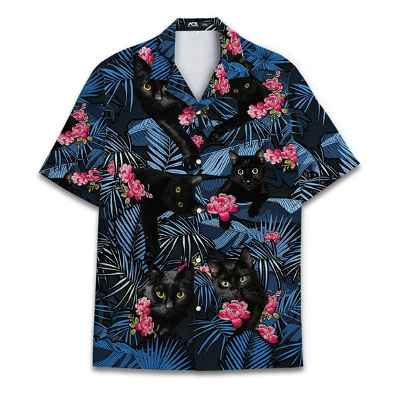 Tropical Black Cat Hawaiian Shirts for Men Women, Funny Black Cat Short Sleeve Button Down Shirt