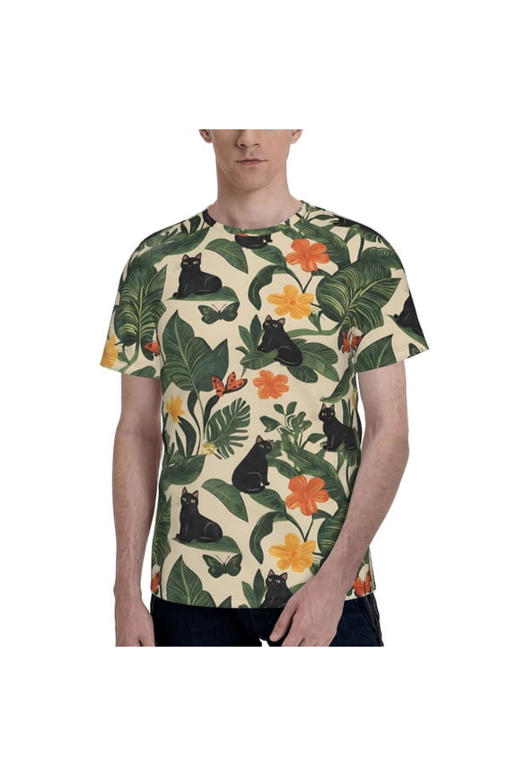 Tropical Black Cat T-Shirt Crew Neck Short Sleeve Full-Print for Men