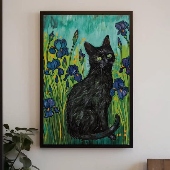 Tropical Black Cat Wall Art, Van Gogh Style Canvas Painting, Framed Print, Eclectic And Bohemian Decor, Ready To Hang, Living Room Or Studio, Stretched Canvas Size 12x18