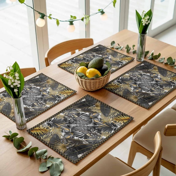 Tropical Black Gold Botanical Leaves Placemats Set of 4,Wipeable Washable Table Mats for Dining Tables, Seamless Banana Palm Leaf Place Mats for Kitchen Event Party Tabletop Decor