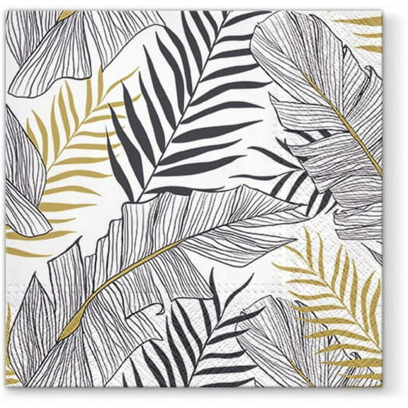 Tropical Black and Golden Leaves - Decorative Floral Lunch Paper Napkins 100pcs - Perfect for Decoupage, Exotic Party, Birthday, Special Occasions, Weddings